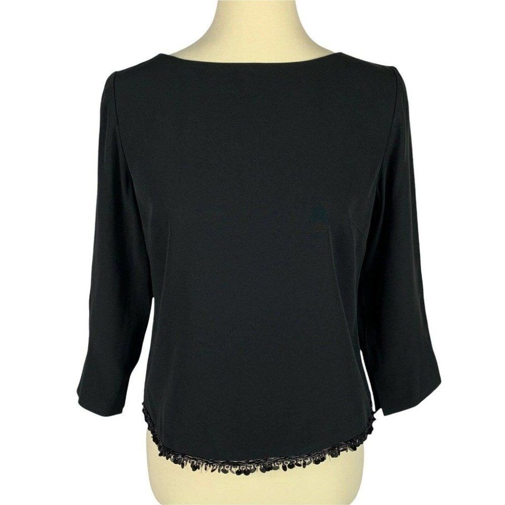 Ann Taylor Black Classic Beaded Hem Back Zipper 3/4 Sleeve Top Blouse Women’s 4